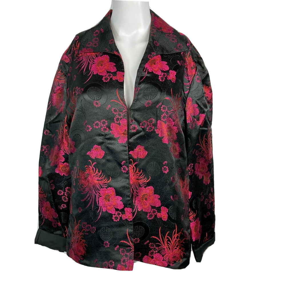 Maggy L Jacket Womens Sz 12 Black Pink Floral Asian Print Satin‎ Lightweight